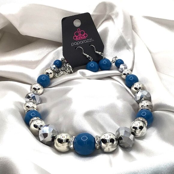 Paparazzi Necklace Earrings Set Silver Tone Blue Beaded Adjustable Length New - Picture 2 of 2